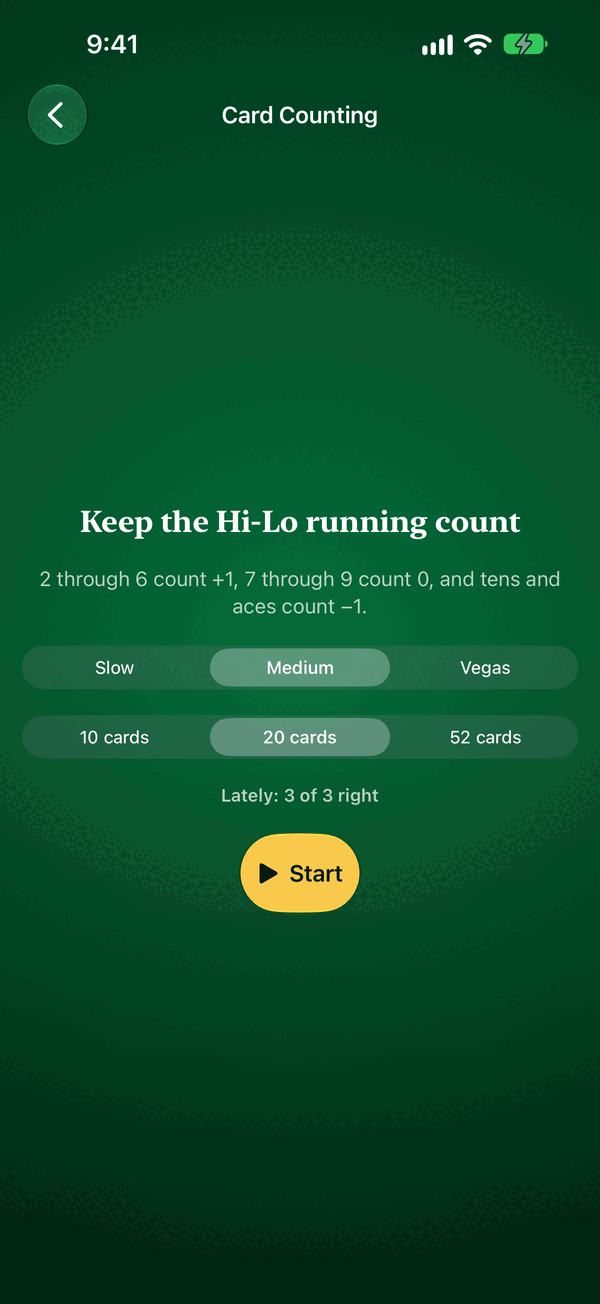 Hi-Lo card counting trainer set to medium speed and 20 cards