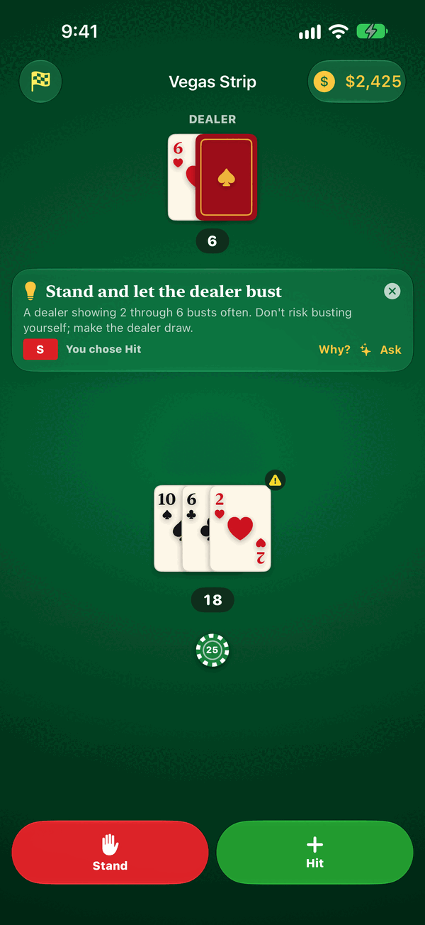 Blackjack table with a coach note: stand and let the dealer bust