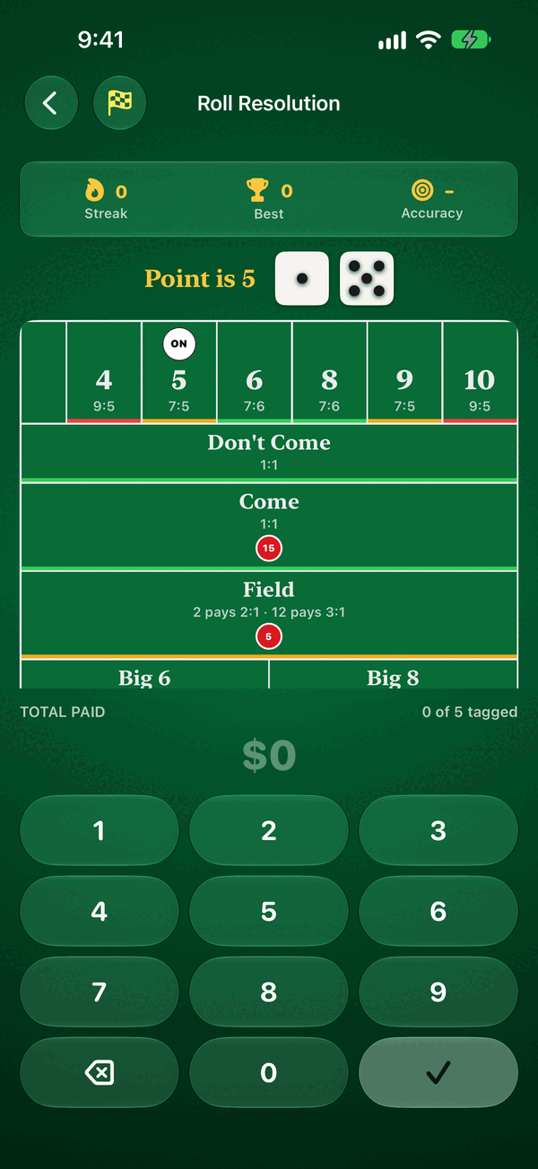 Roll resolution drill: point is 5, decide what happens to every bet on the layout