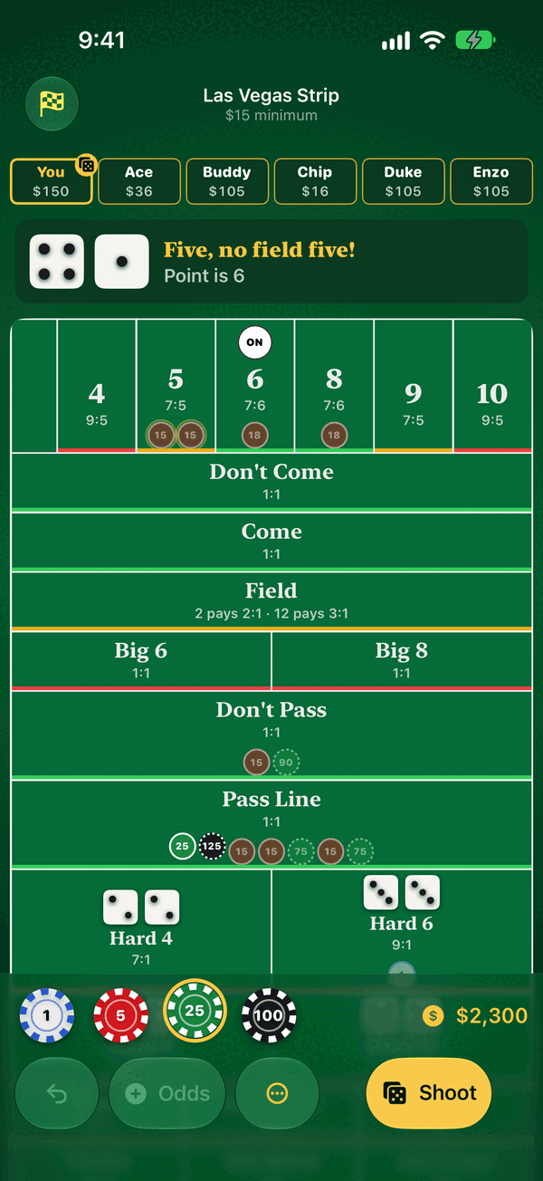 Craps layout with every bet's payout, shooting with five bots