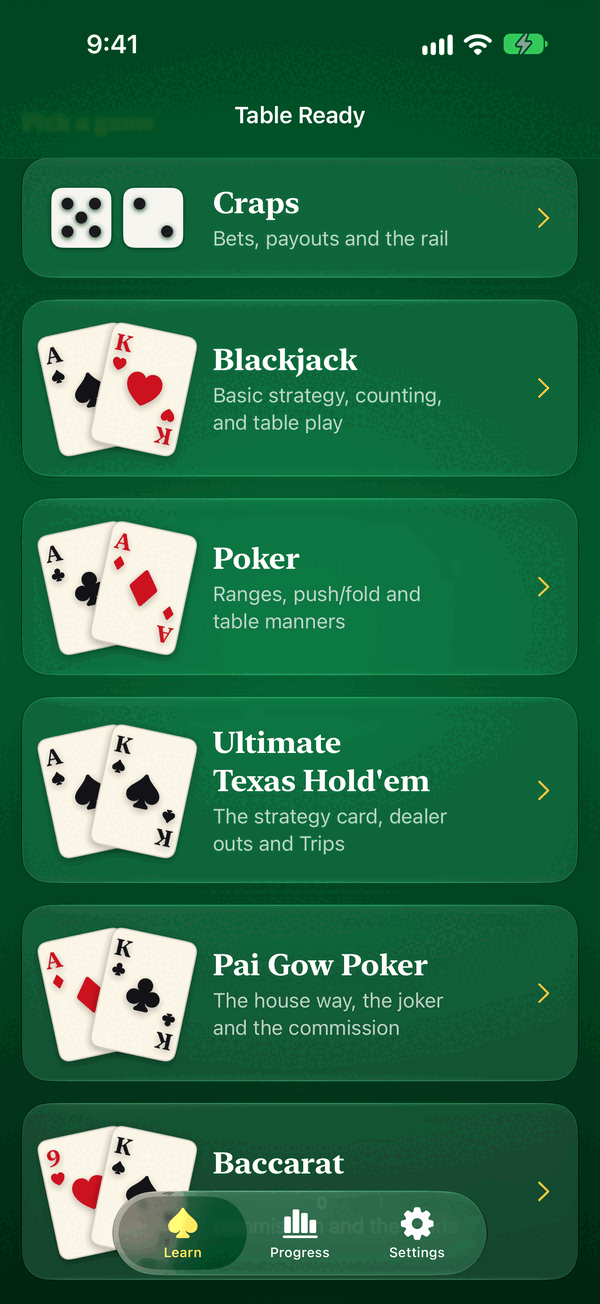 Table Ready home screen listing craps, blackjack, poker, Ultimate Texas Hold'em, Pai Gow Poker and baccarat