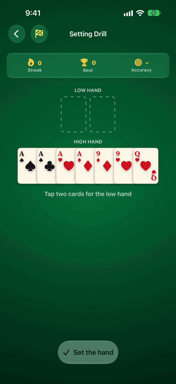 Setting drill: tap two of seven cards for the low hand