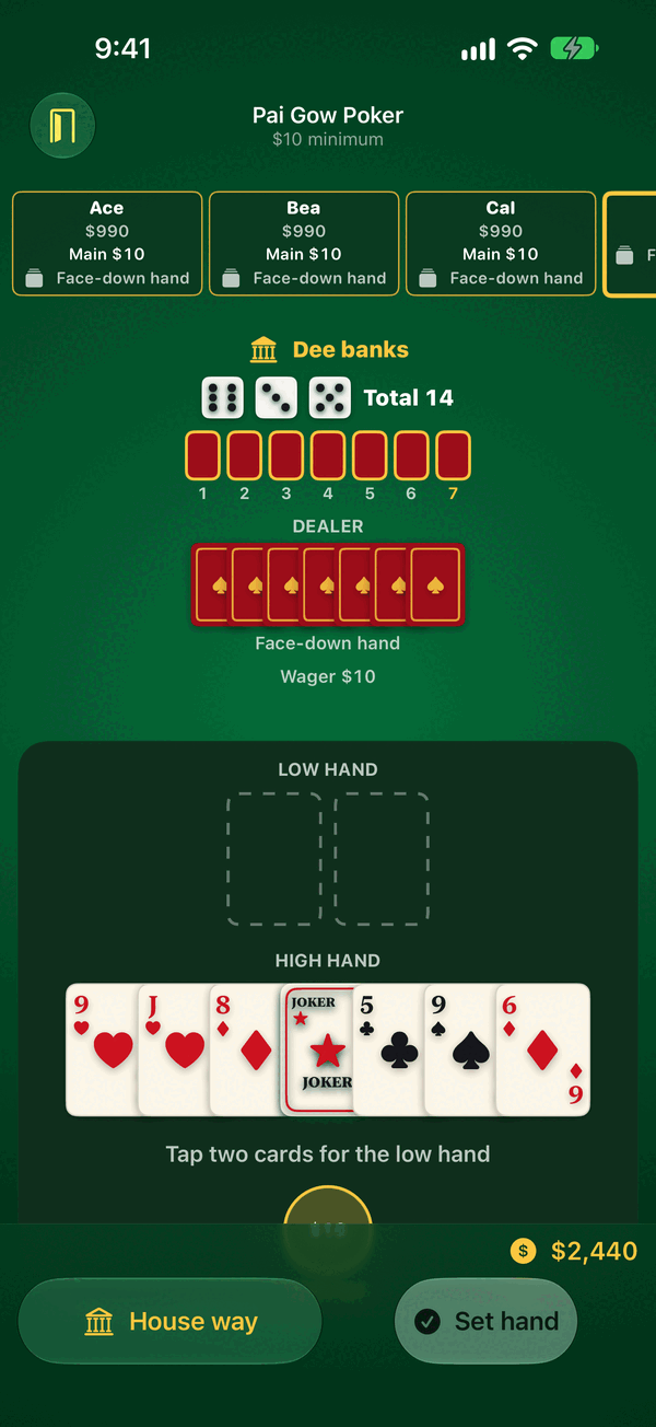 Pai Gow Poker table: tap two cards for the low hand, or use the house way