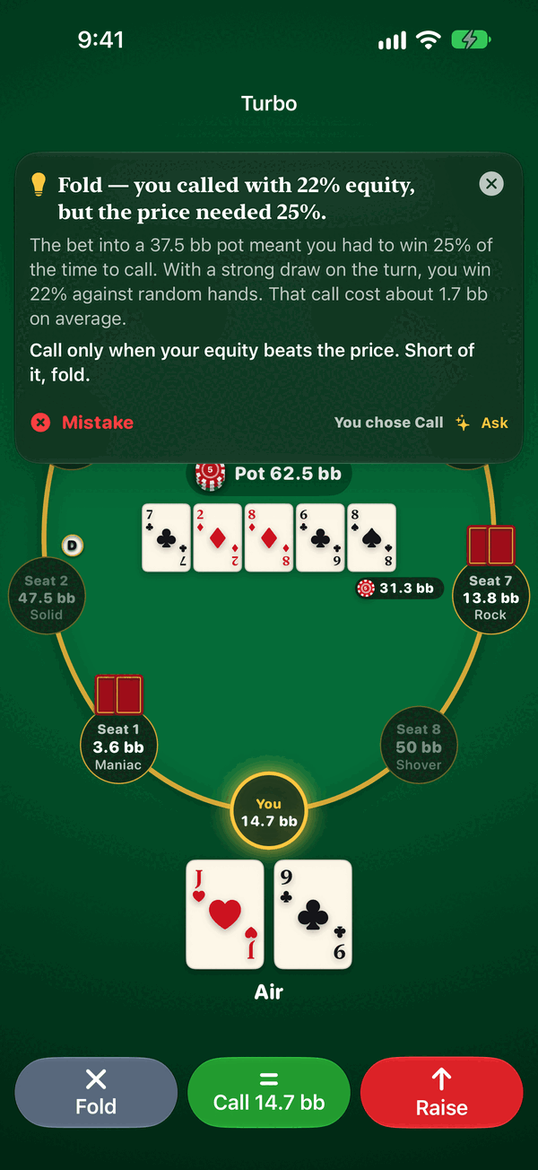 Nine-handed poker tournament with the coach explaining a call that needed more equity