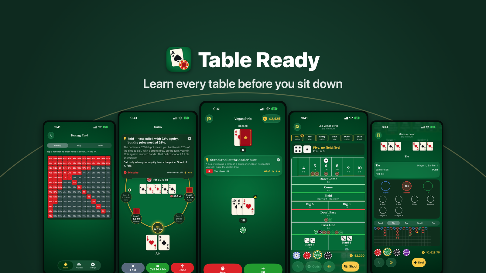 Five Table Ready screens side by side: the Ultimate Texas Hold'em strategy card, a coached poker tournament, a blackjack coach note, the craps layout and a baccarat table