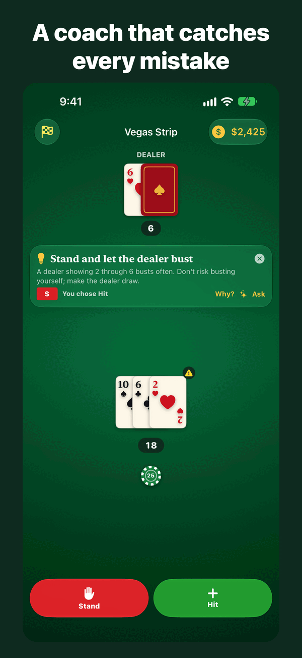 Blackjack table with a coach note: stand and let the dealer bust