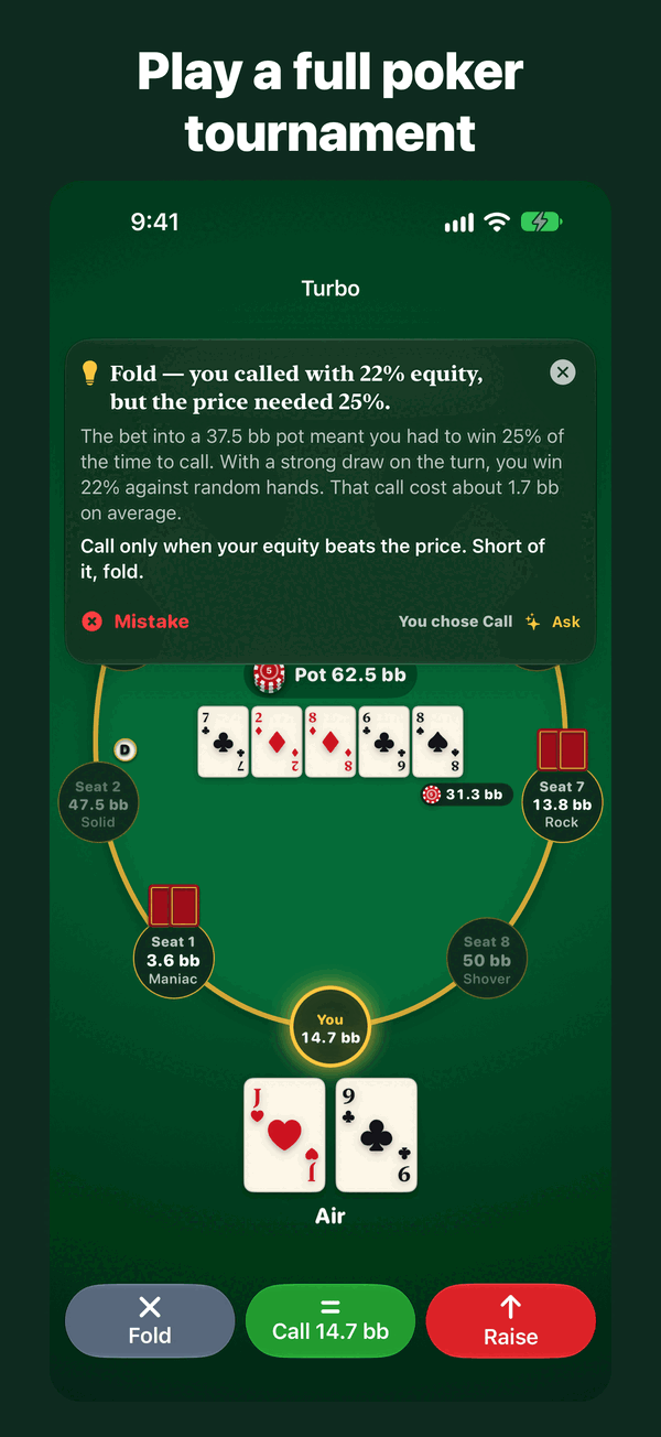 Nine-handed poker tournament with the coach explaining a call that needed more equity