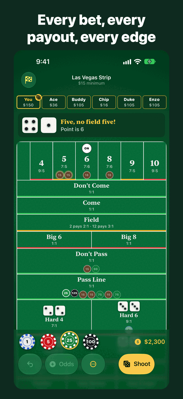 Craps layout with every bet's payout, shooting with five bots