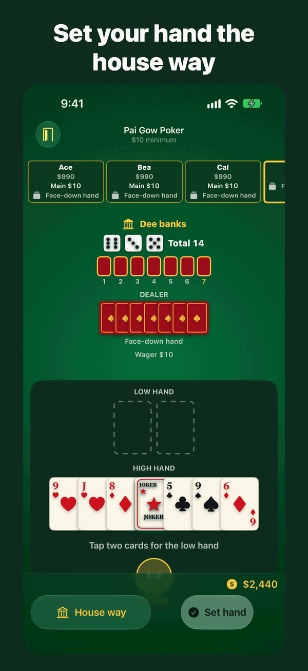 Pai Gow Poker table: tap two cards for the low hand, or use the house way